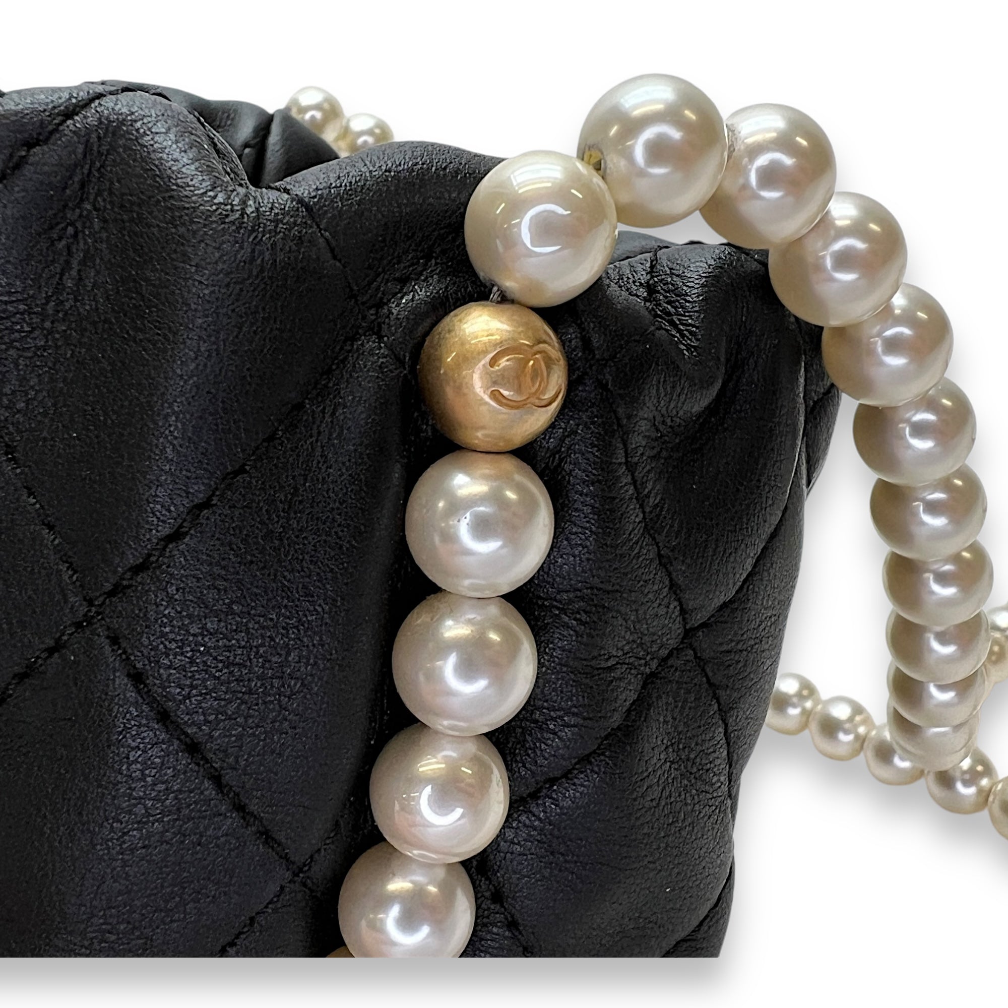 About Pearls Mini Black Bucket Bag in Calfskin, Gold hardware - Image 8