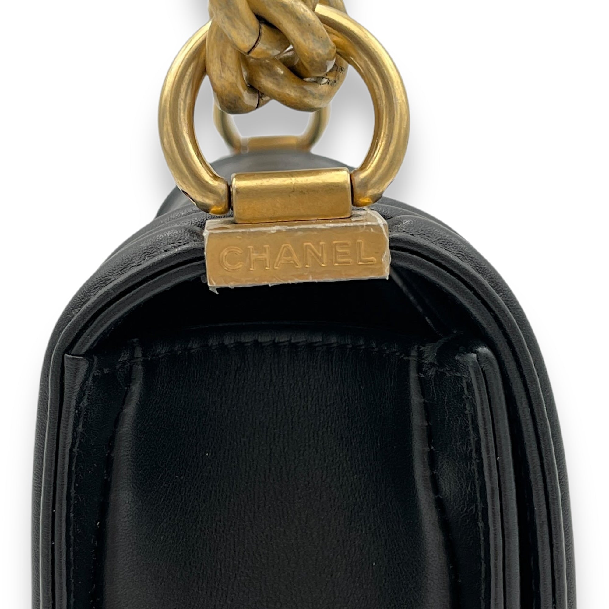 Boy Small Crossbody Bag Black in Calfskin, Brushed Gold - Image 10