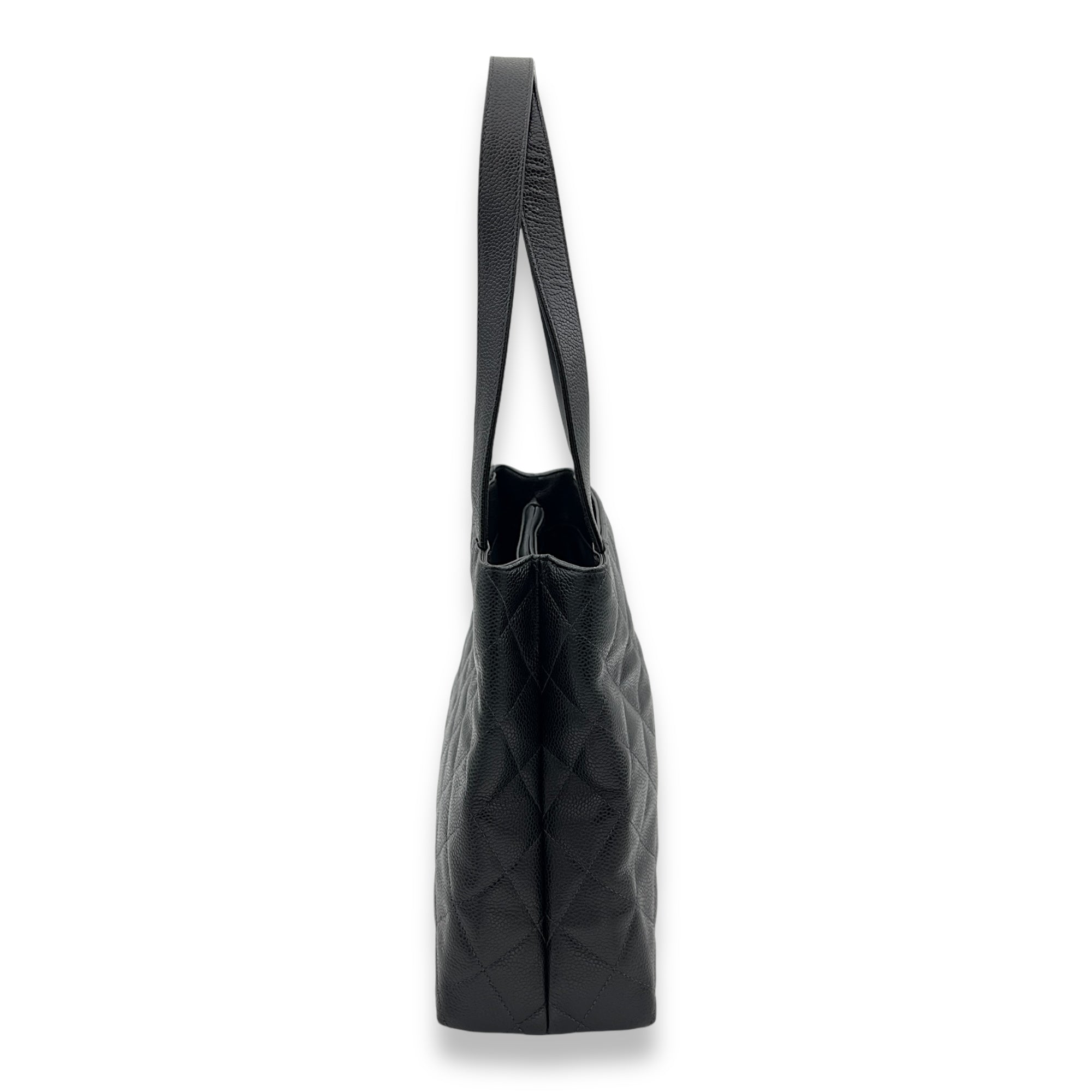 CC Black Tote Bag in Caviar Leather, Silver hardware - Image 4