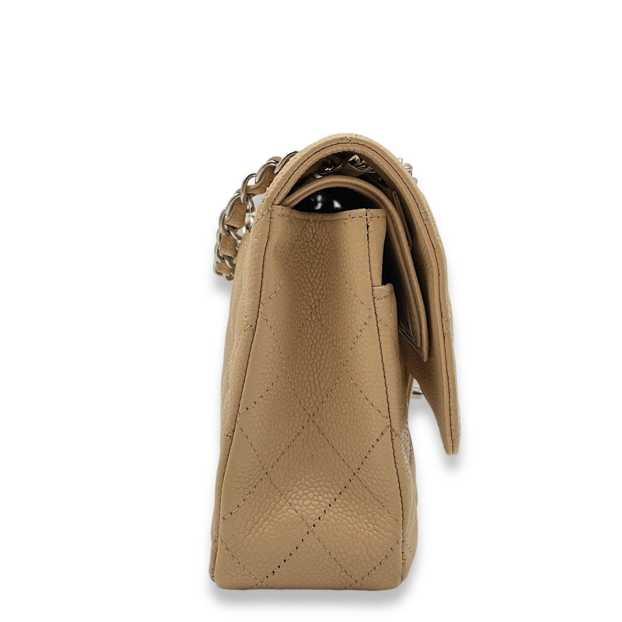 Classic Double Flap Beige Shoulder Bag in Caviar Leather, Silver hardware - Image 5