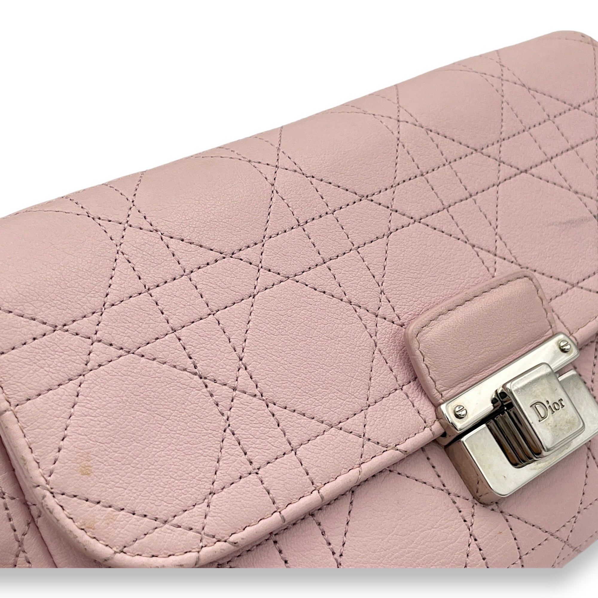 Cannage Stitched Diorling Pink Wallet On Chain in Calfskin, Silver hardware - Image 4