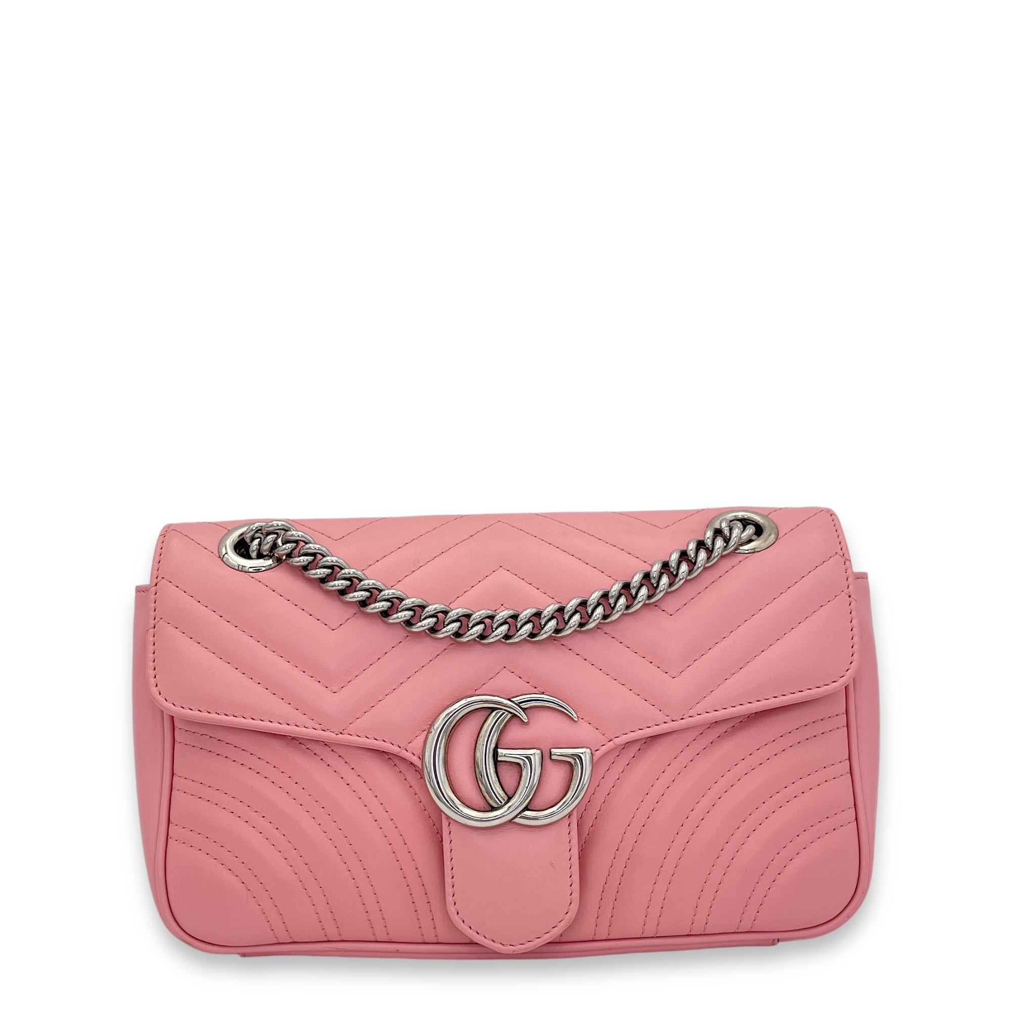 GG Marmont Small Pink Shoulder Bag in Calfskin, Silver hardware
