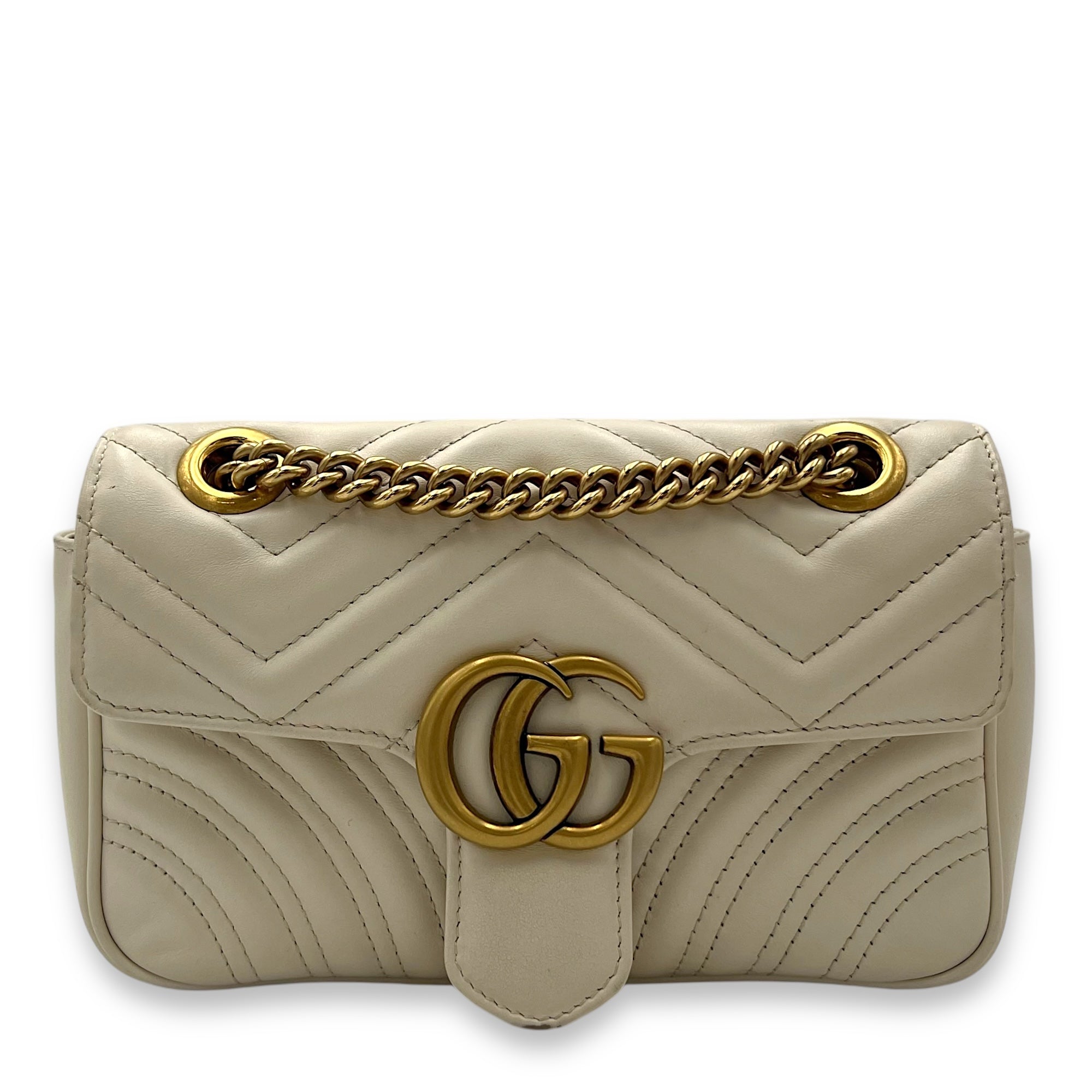 GG Marmont Shoulder Bag Mini White in Calfskin , Brushed Gold Hardware