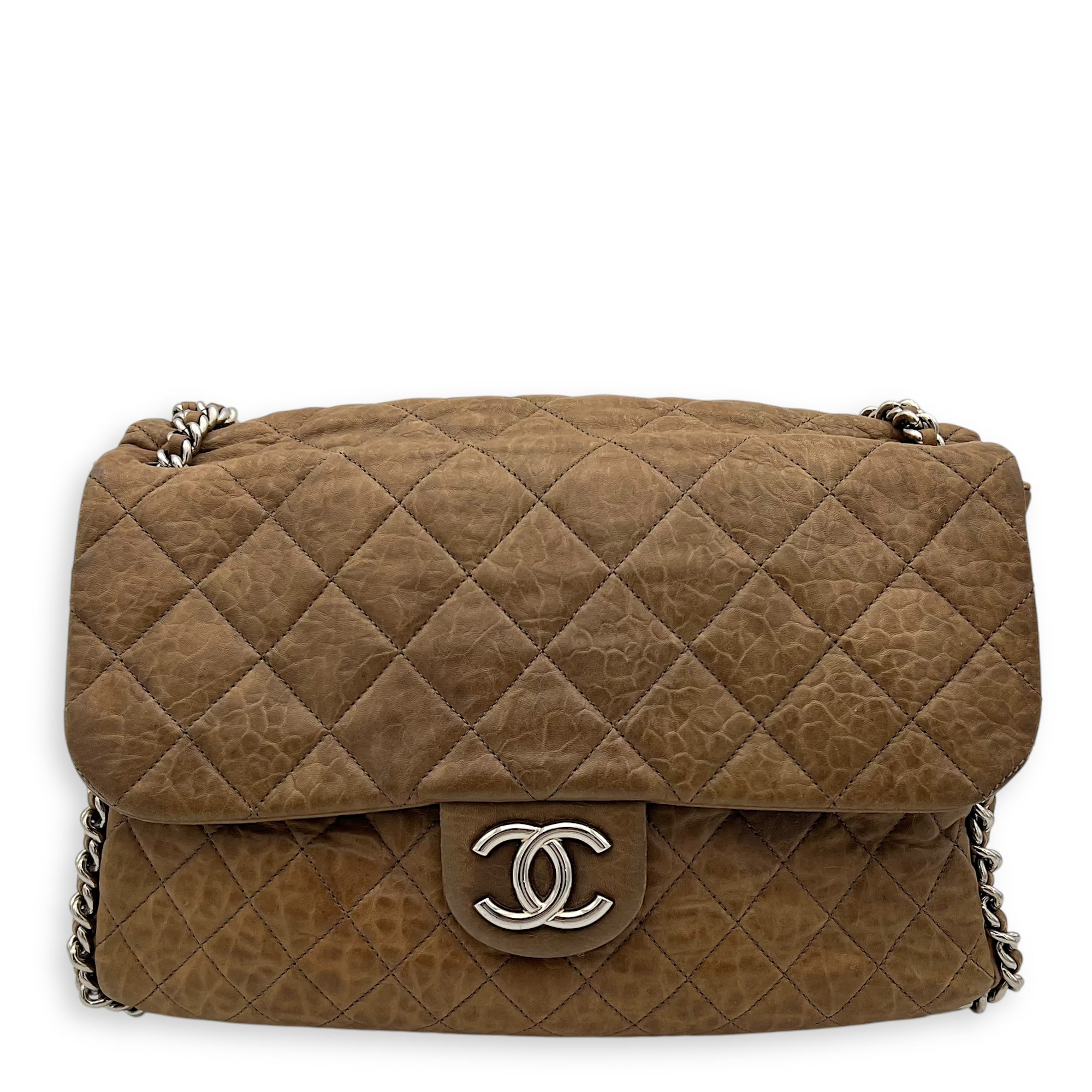 CC Shoulder Bag Brown in Calfskin, Silver hardware