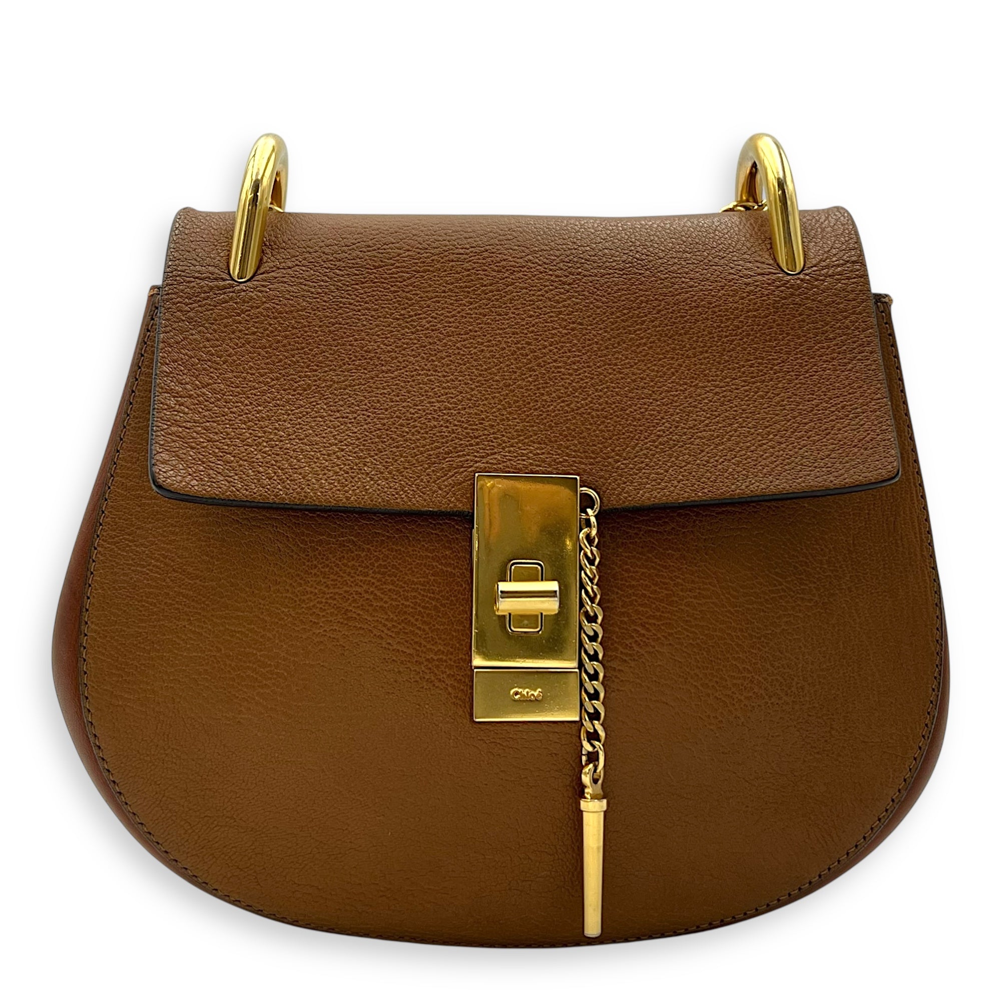 Drew Shoulder Bag Brown in Calfskin, Gold hardware