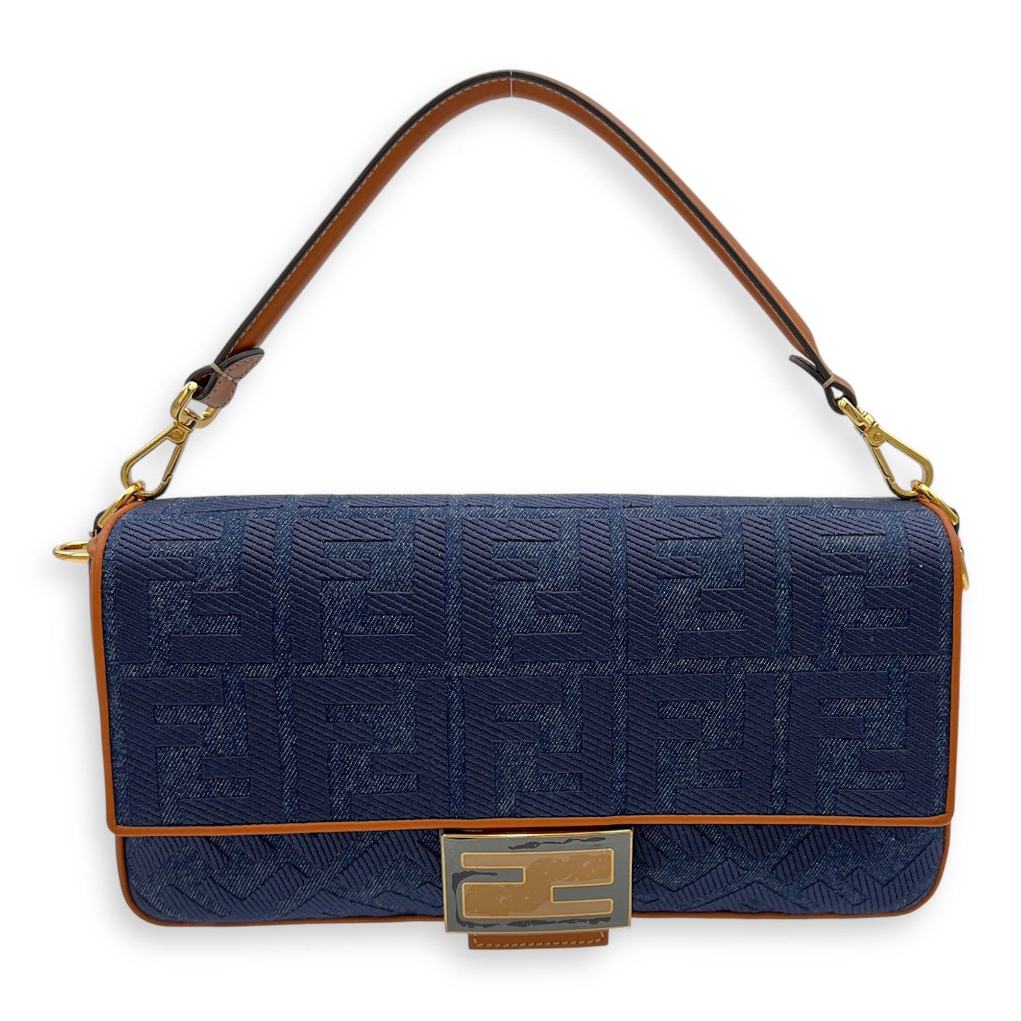 Baguette Shoulder Bag Blue in Denim, Gold hardware