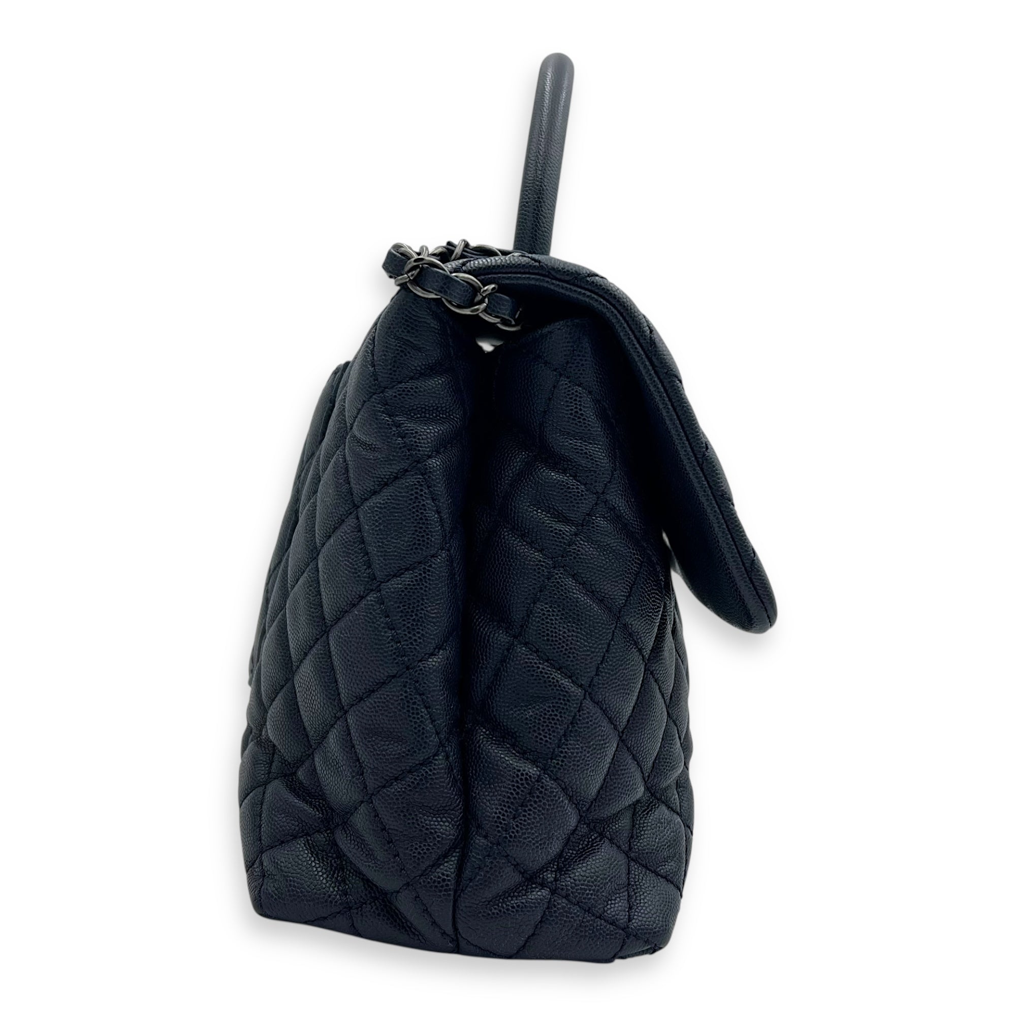 Coco Handle Quilted Top Handle Bag Blue in Caviar Leather, Silver hardware - Image 5