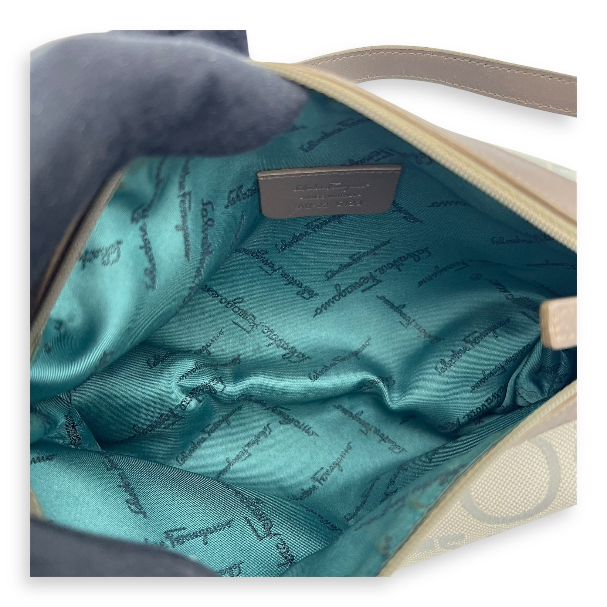 Gancini White Shoulder Bag in Canvas, Silver hardware - Image 7