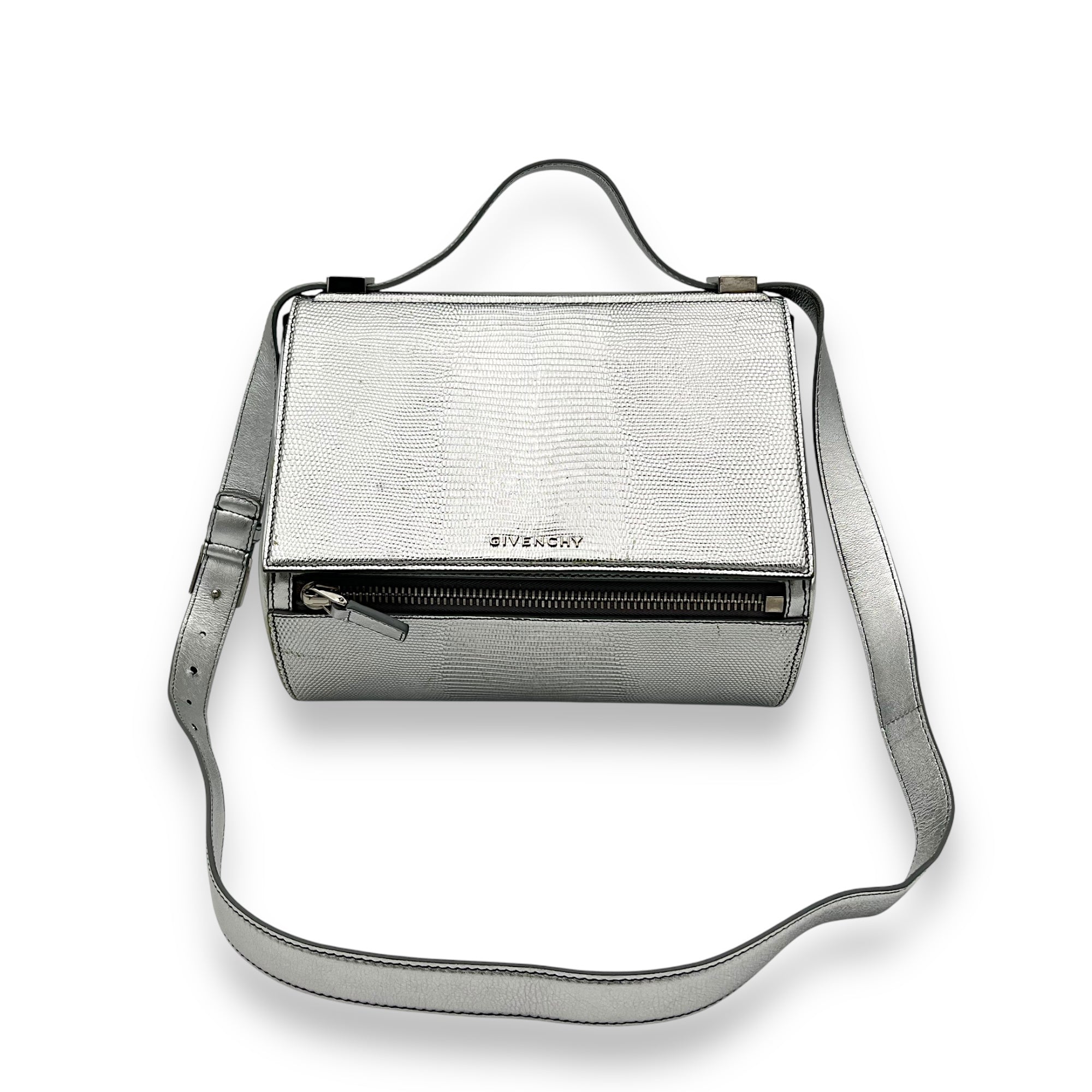 Pandora Box Medium Silver Crossbody Bag in Lizard Embossed Calfskin, Silver hardware - Image 10