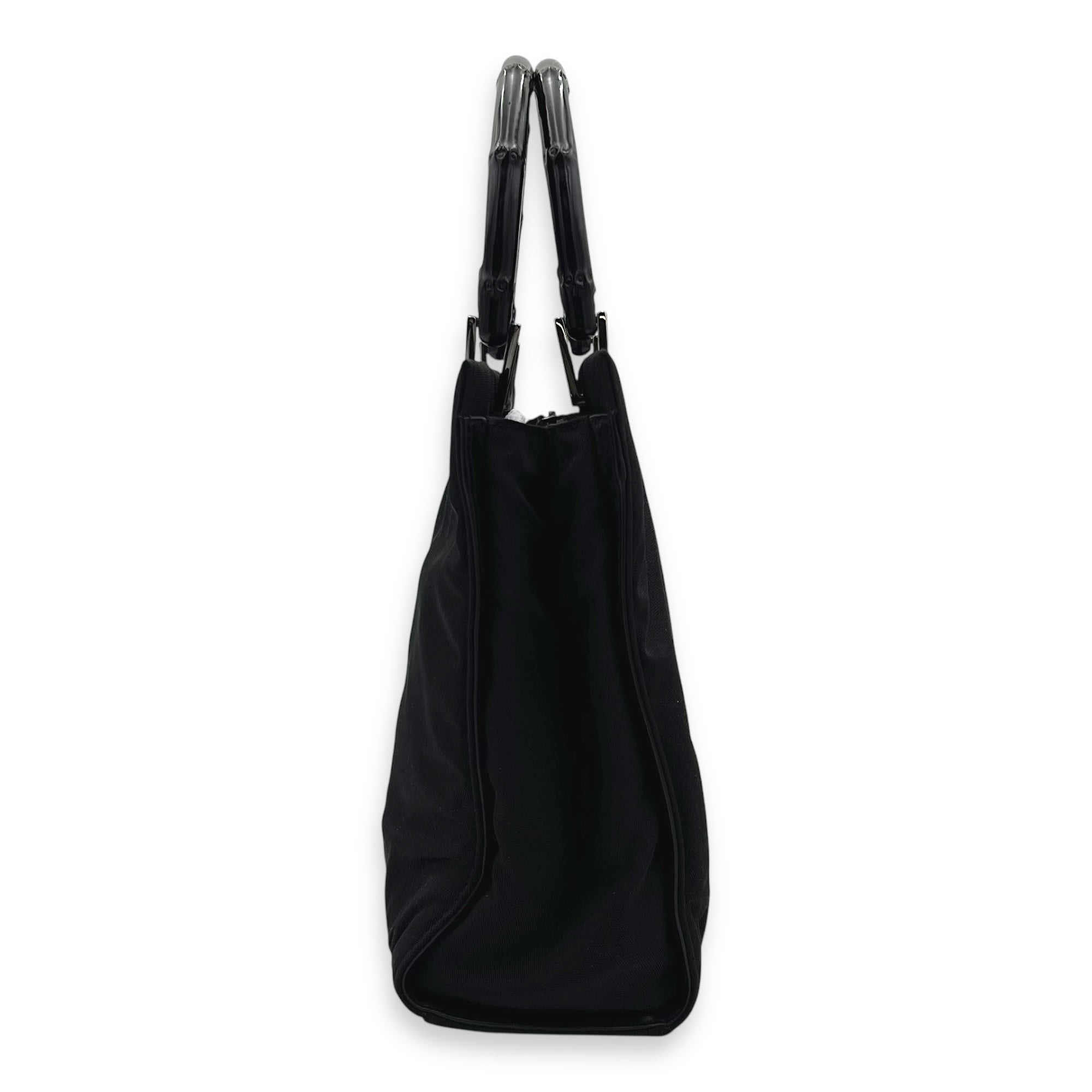 Bamboo Black Top Handle Bag in Nylon, Silver hardware - Image 4