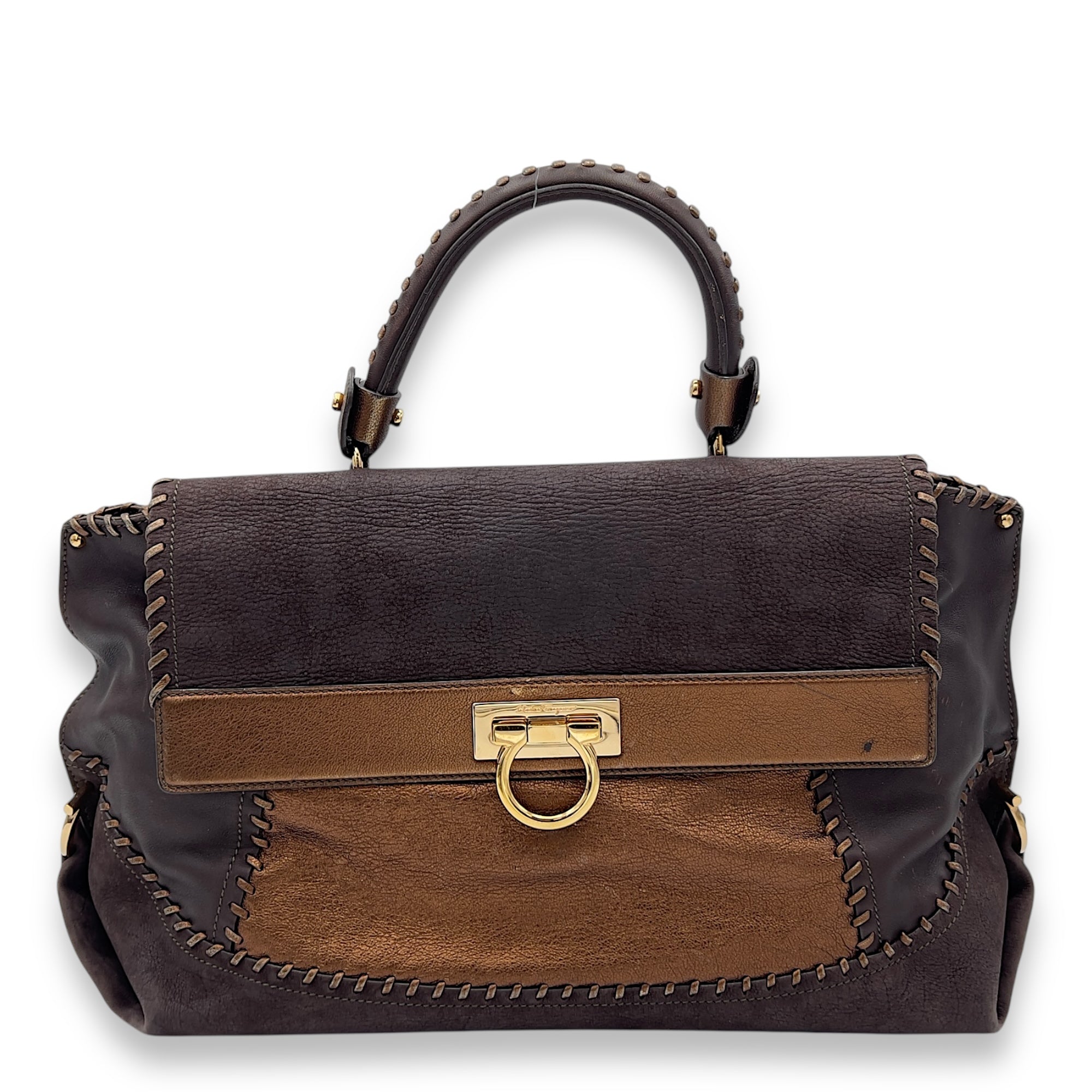 Tote Medium Brown Top Handle Bag in Calfskin, Gold hardware