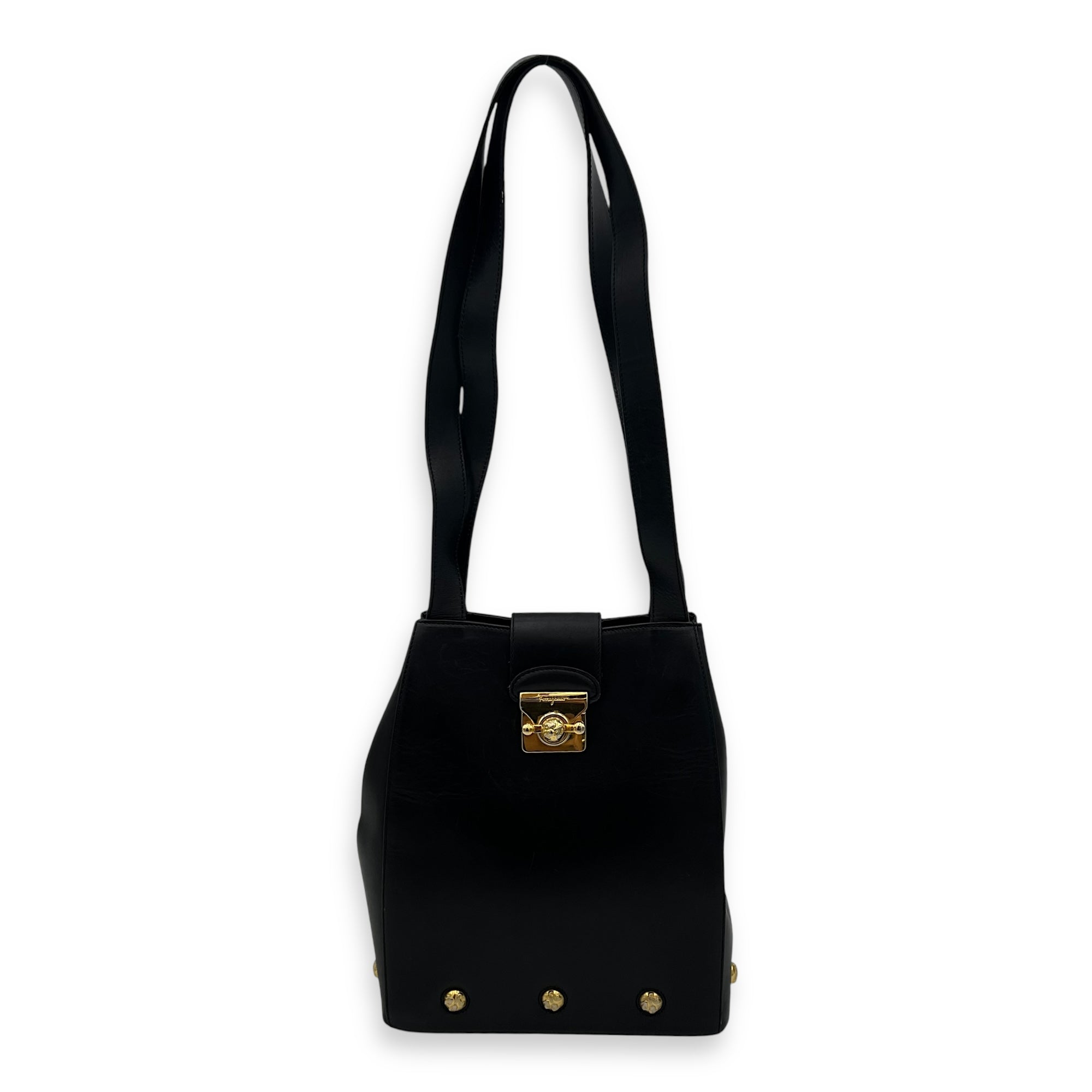 Gancini Black Shoulder Bag in Calfskin, Gold hardware - Image 13
