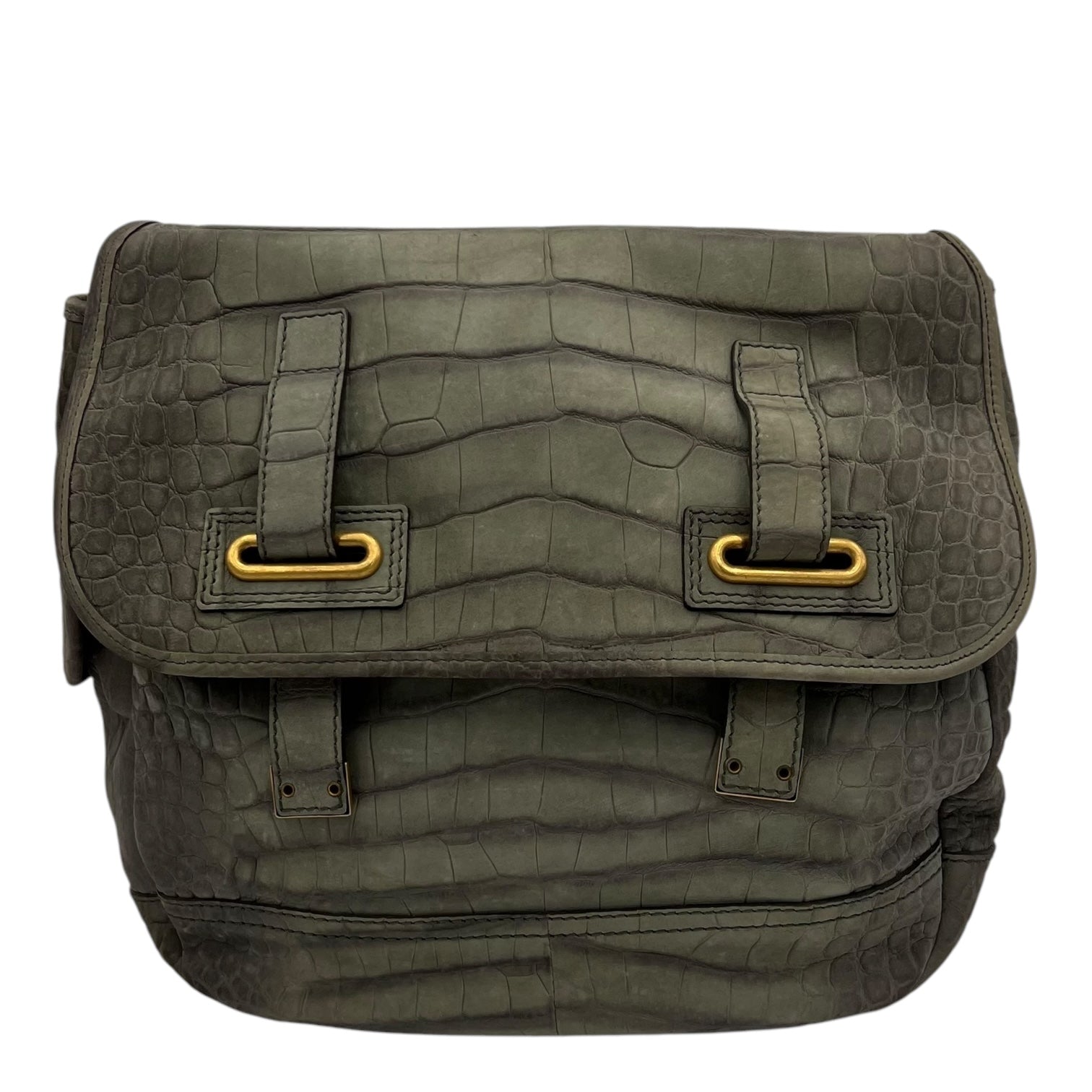 Besace Shoulder Bag Grey in Crocodile Embossed Calfskin, Gold hardware